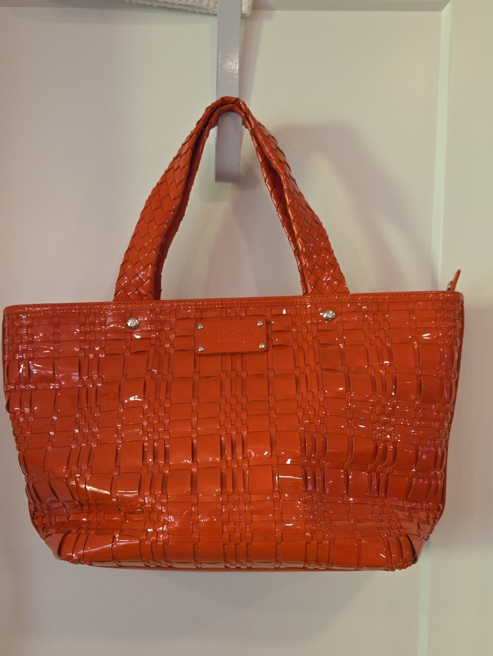 Kate Spade Woven Patent Leather Tote Bag Orange Y2K Preppy